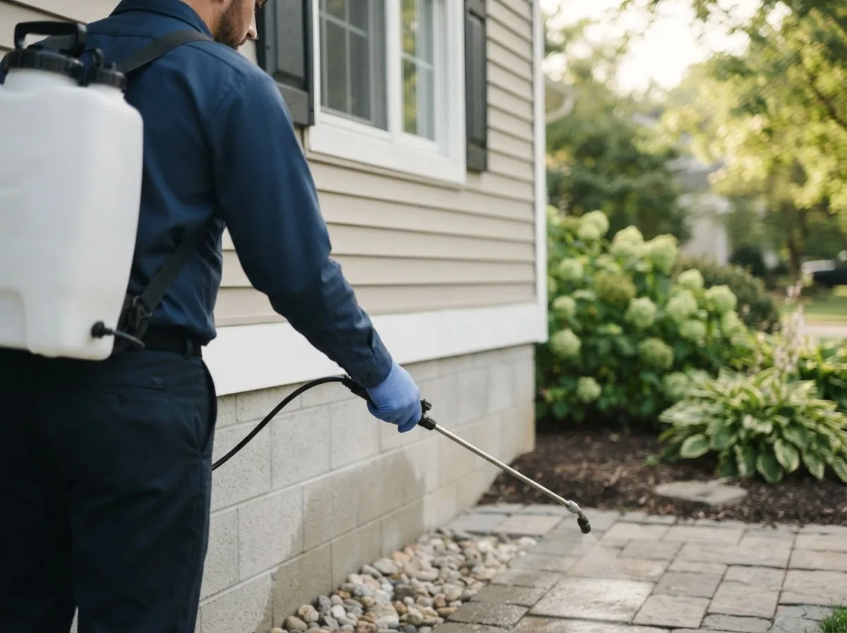 Pest control technician inspecting a home in Madisonville, TX
